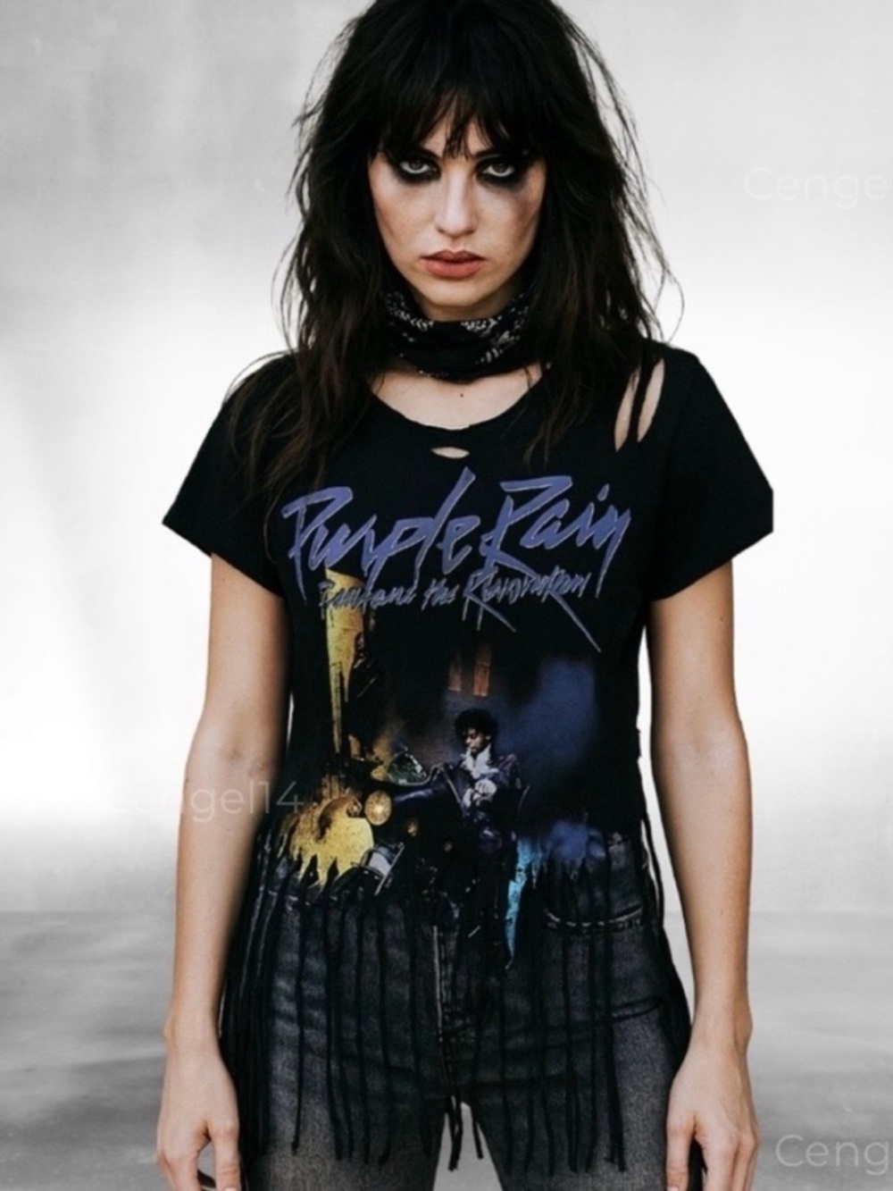 Prince & The Revolution Fringe Band Tee Black Distressed Crop Top M